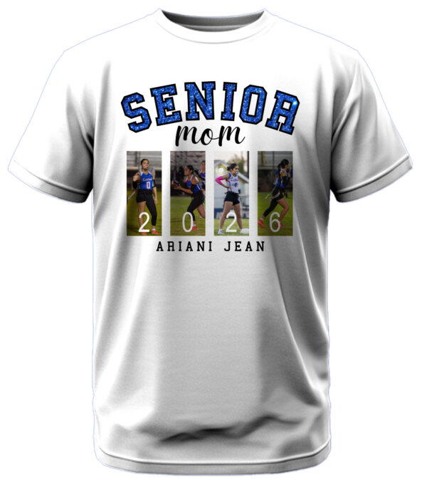 Senior Mom w/Glitter and 4 Custom Pictures T-Shirt - Image 2