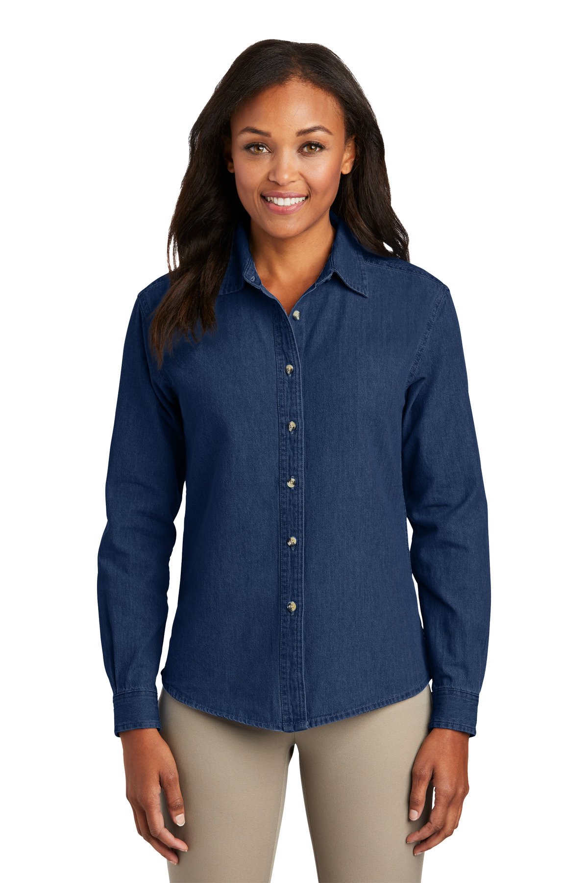 Port & Co Women's Long Sleeve Value Denim Shirt. LSP10 - Image 2